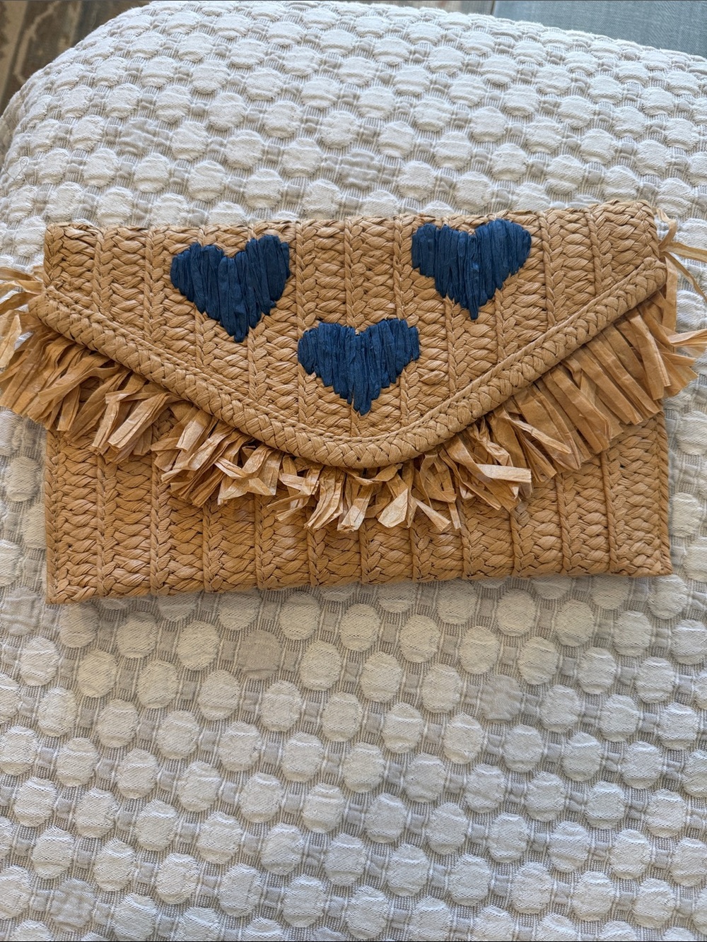BTB Woven Raffia Heart Clutch in Tan and Navy